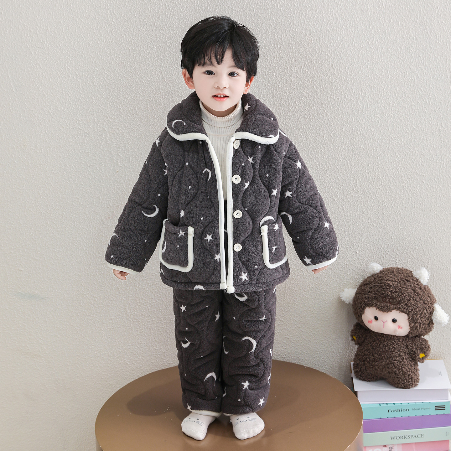 男童三层夹棉家居服冬男孩加厚保暖法兰绒睡衣套装男宝宝超厚衣服