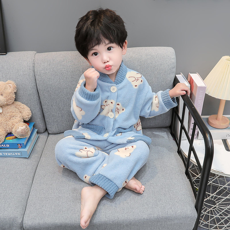 男童睡衣冬季加厚套装儿童卡通开衫家居服套装男孩宝宝保暖睡衣冬