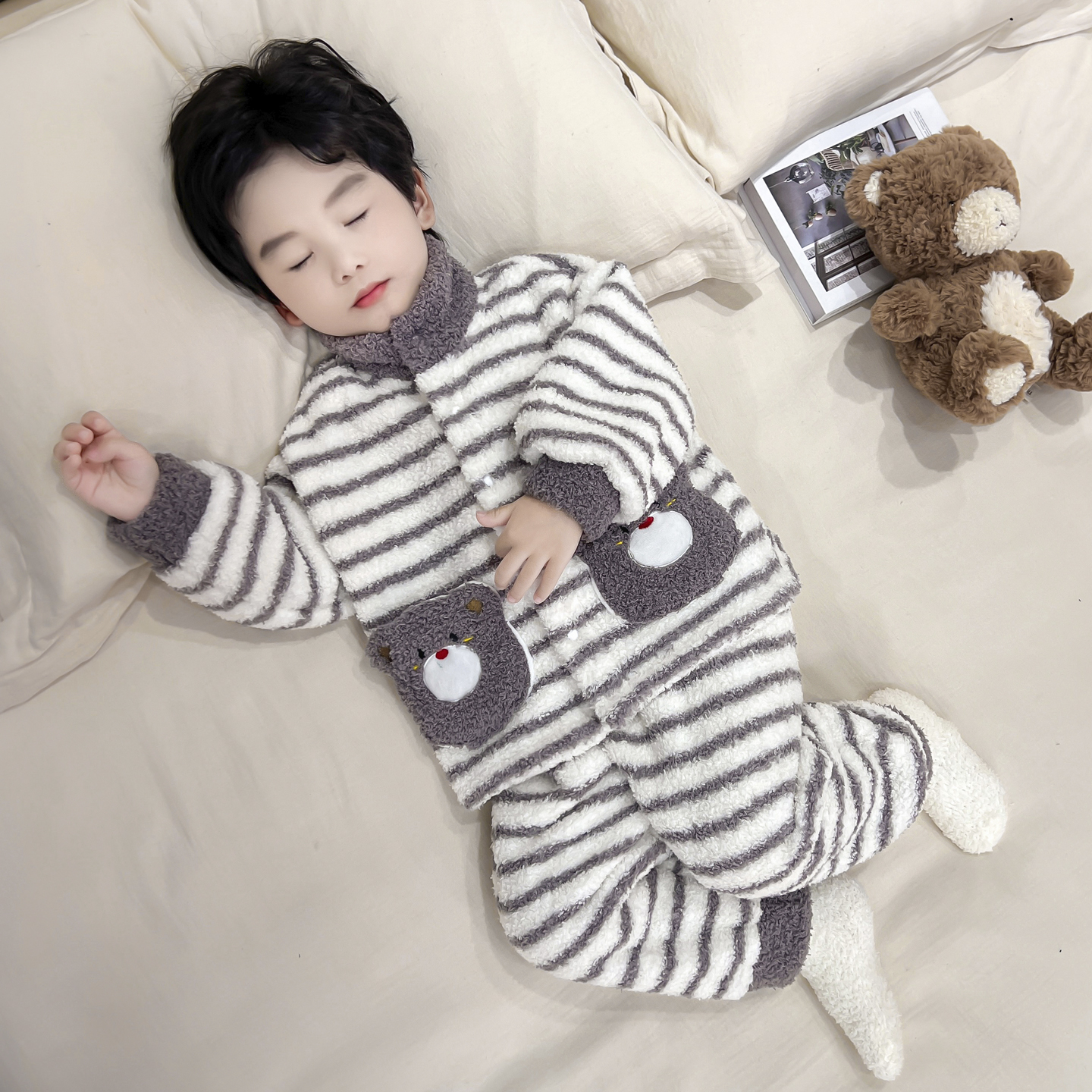 男童珊瑚绒睡衣冬宝宝卡通加厚保暖家居服儿童开衫套装男孩衣服秋