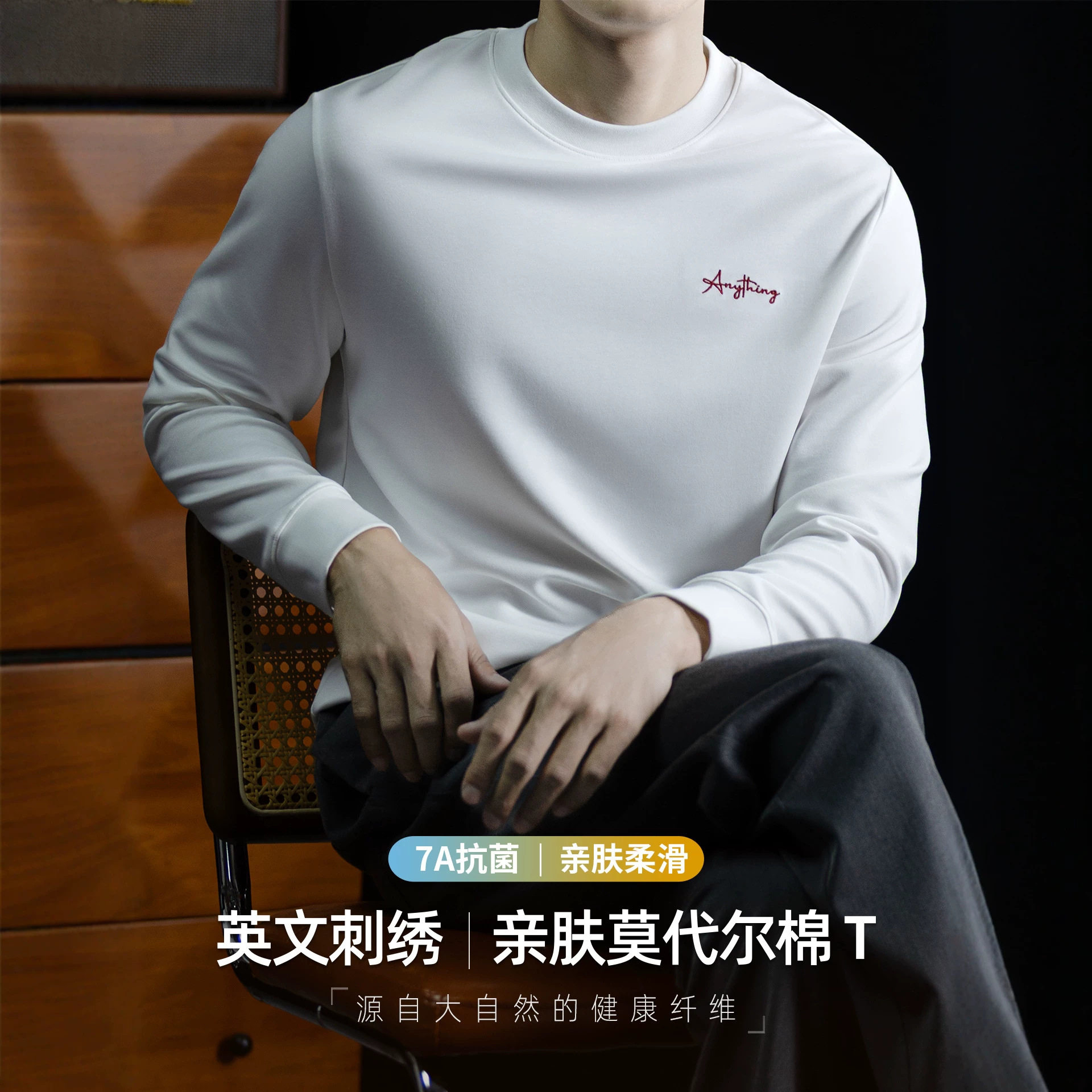 亲肤莫代尔男士长袖英文刺绣T恤