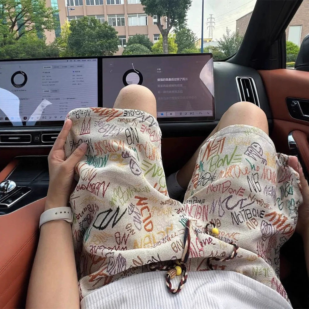 美式字母涂鸦印花短裤男款夏季薄款遛弯休闲运动裤痞帅五分裤透气图片