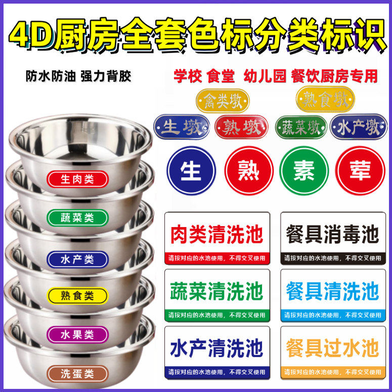 厨房4D6T学校餐饮食堂幼儿园刀具套菜墩砧板生熟牌不锈钢菜盆色贴