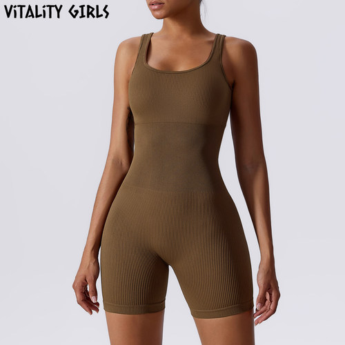 Vitality Girls欧美收腹运动连体衣含胸垫螺纹紧身瑜伽服健身训练