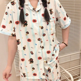 可外穿 苹果pingu企鹅睡衣女夏季 新款 条纹短袖 日系学生家居服套装
