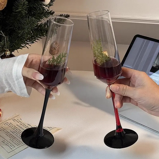 2个高级感黑杆香槟杯微醺玻璃红酒杯高脚鸡尾酒杯起泡酒杯果酒杯