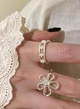 简约镂空花朵合金戒指女小众设计感开口可调节时尚百搭叠戴食指环