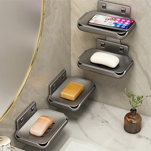 肥皂盒壁挂式免打孔太空铝浴室家用沥水高档卫生间双体香皂置物架