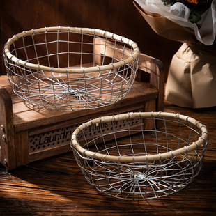 北欧风铁丝藤编编织收纳筐铁艺零食面包水果储物篮客厅家用置物框