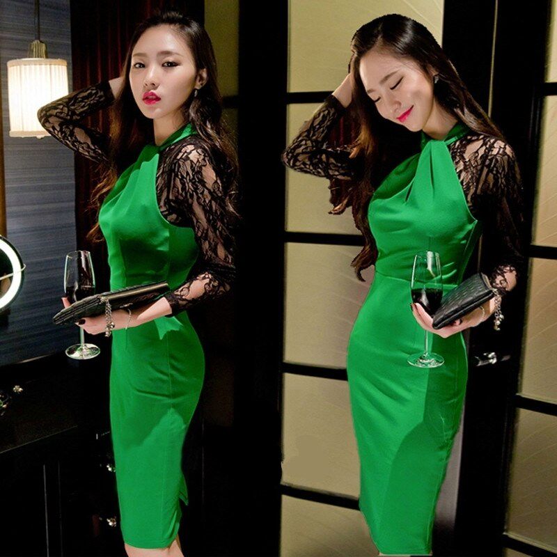 2021 Spring and summer new pattern Nightclub Confidante Women's wear Mid length version Package hip skirt halter Lace Long sleeve Evening dressin the Women's clothing/Boutique , Dress  category - from Buy2taobao.com to provide professional Taobao agent buy service