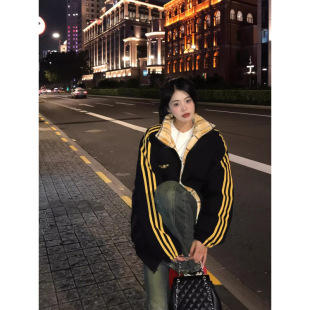 2025年新款拼接条纹羽绒棉服女冬季外套韩版宽松加厚面包服棉衣潮