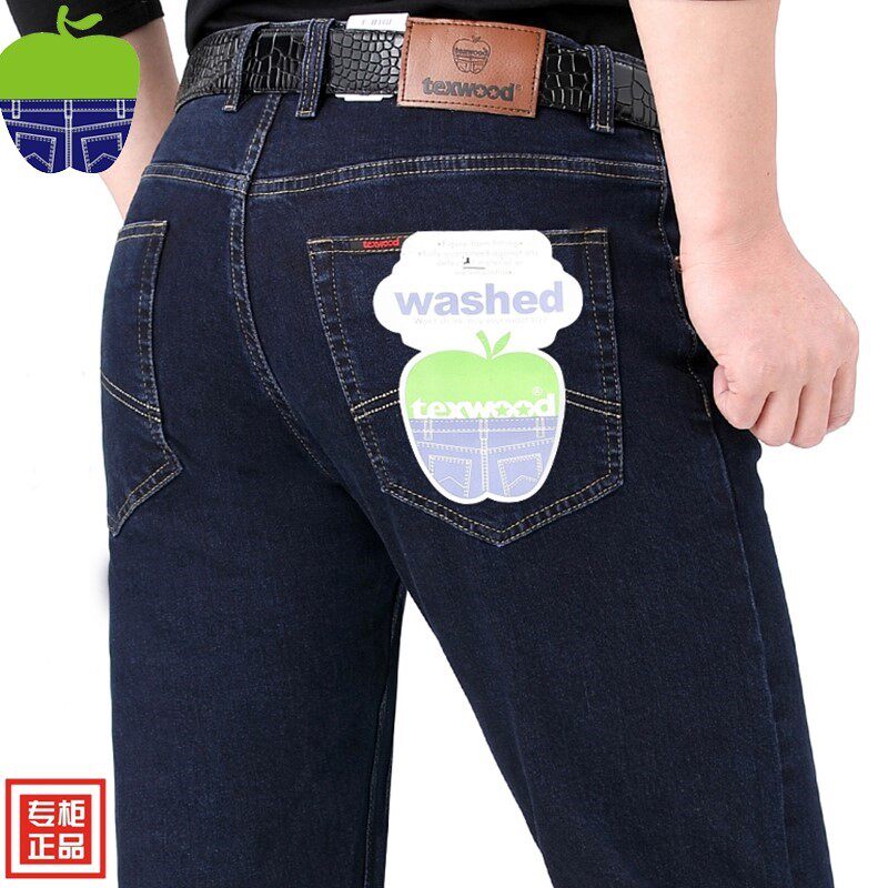 texwood正品苹果牛仔裤男秋冬厚款宽松直筒中年高档纯棉弹力长裤