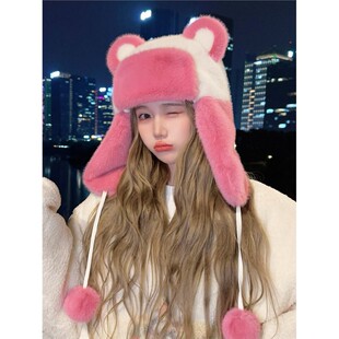 小熊毛绒帽子女款秋冬款可爱熊猫雷锋帽冬季2025新款草莓熊保暖帽