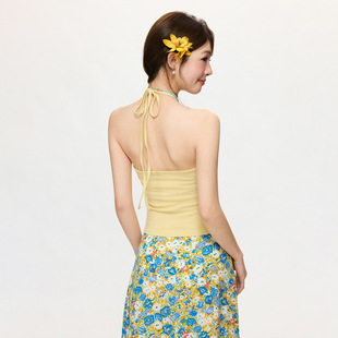 纯欲辣妹挂脖V领短款 设计感抽褶露背外穿上衣 吊带背心女2026夏季