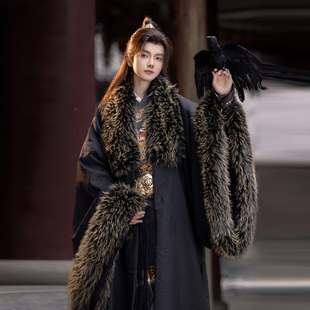 玉龙 黑白两色加绒加厚 斜塘衣庄原创汉服外搭斗篷大衣男冬季 长款