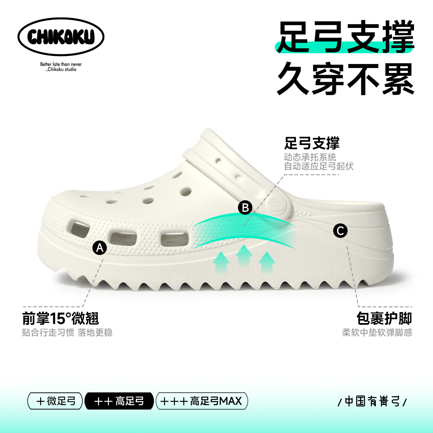 chikoku月芽洞洞鞋女夏新款高足弓支撑厚底拖鞋男外穿防滑沙滩鞋