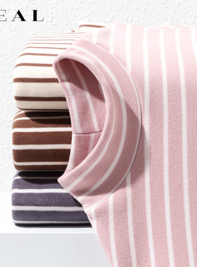 德绒条纹打底衫女秋冬半高领加绒加厚羊羔绒保暖内衣长袖T恤上衣