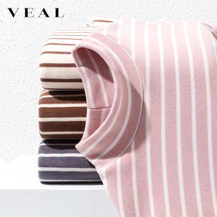 德绒条纹打底衫女秋冬半高领加绒加厚羊羔绒保暖内衣长袖T恤上衣