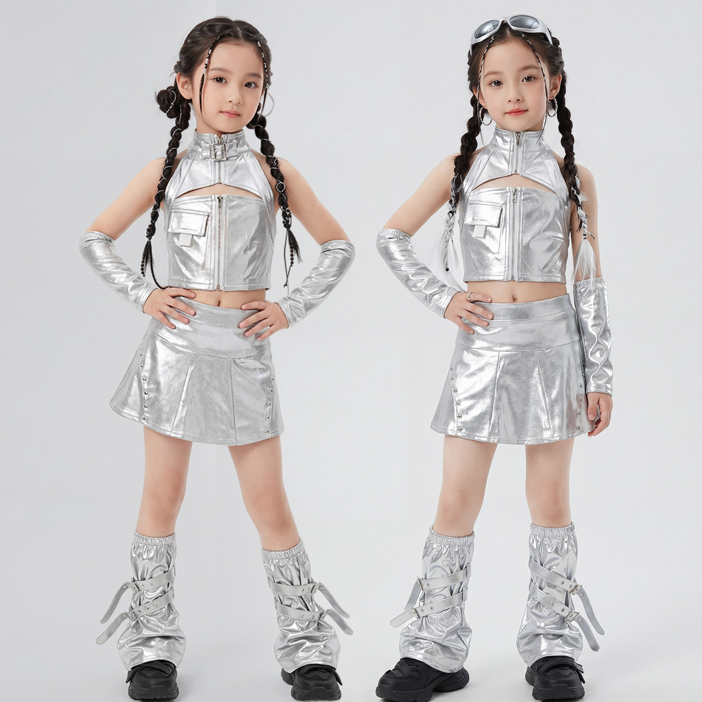 女童炫酷银色表演服套装小女孩科技感走秀演出服jazz架子鼓团体服