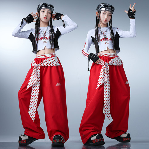 女童爵士舞演出服潮酷高腰长袖露脐上衣小女孩jazz走秀时尚工装裤
