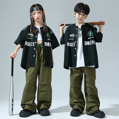儿童街舞潮服夏套装美式棒球服短袖外套男童酷帅hiphop女童爵士服