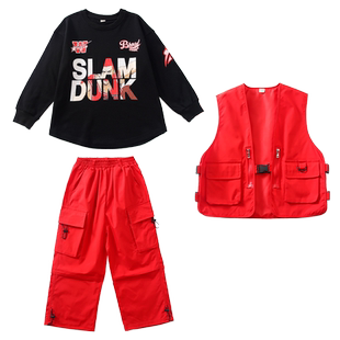 儿童街舞潮服秋冬红色马甲酷工装套装少儿hiphop男童嘻哈女童爵士