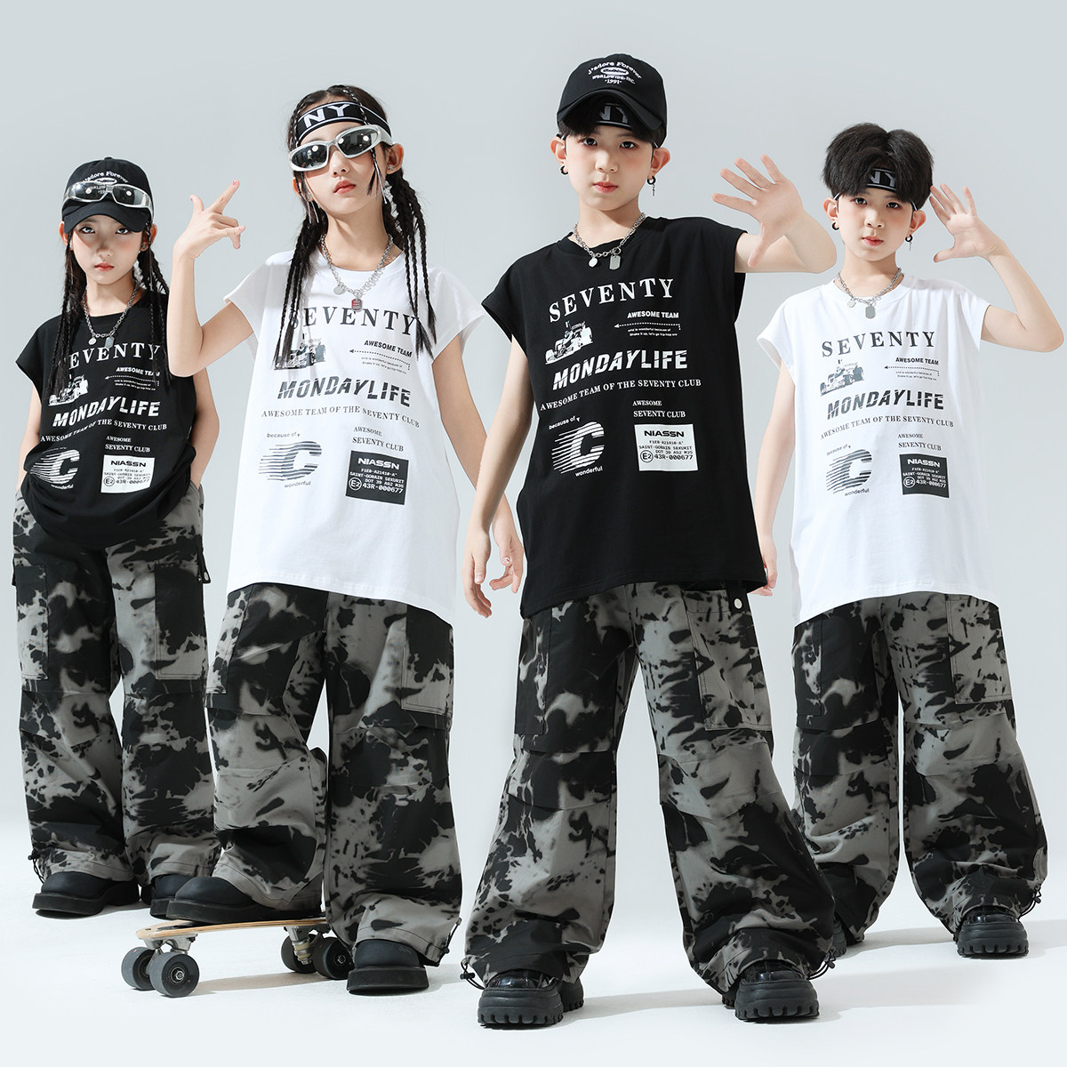 街舞潮服儿童美式背心复古迷彩套装演出服夏架子鼓潮酷说唱表演服