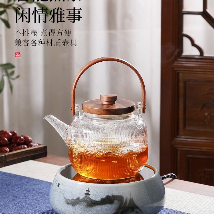 湘茗堂 玻璃煮茶壶蒸汽煮茶器套茶壶电陶炉小型茶炉装 侧把花茶黑