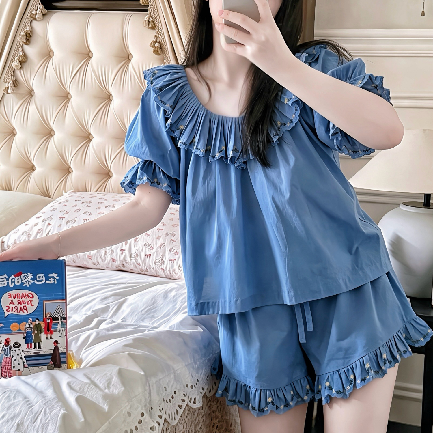 纯棉宫廷风睡衣女韩国新款春秋季短袖短裤刺绣甜美春夏家居服套装