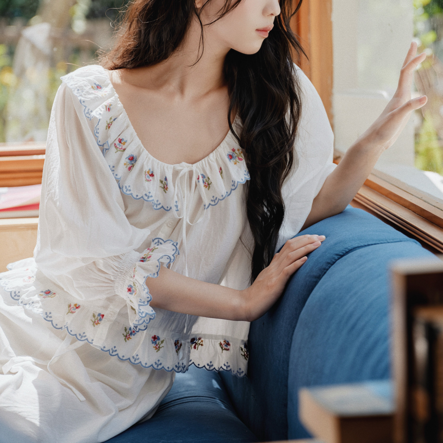 复古法式刺绣纯棉少女感长袖长裤宫廷风家居服白色睡衣套装春秋季