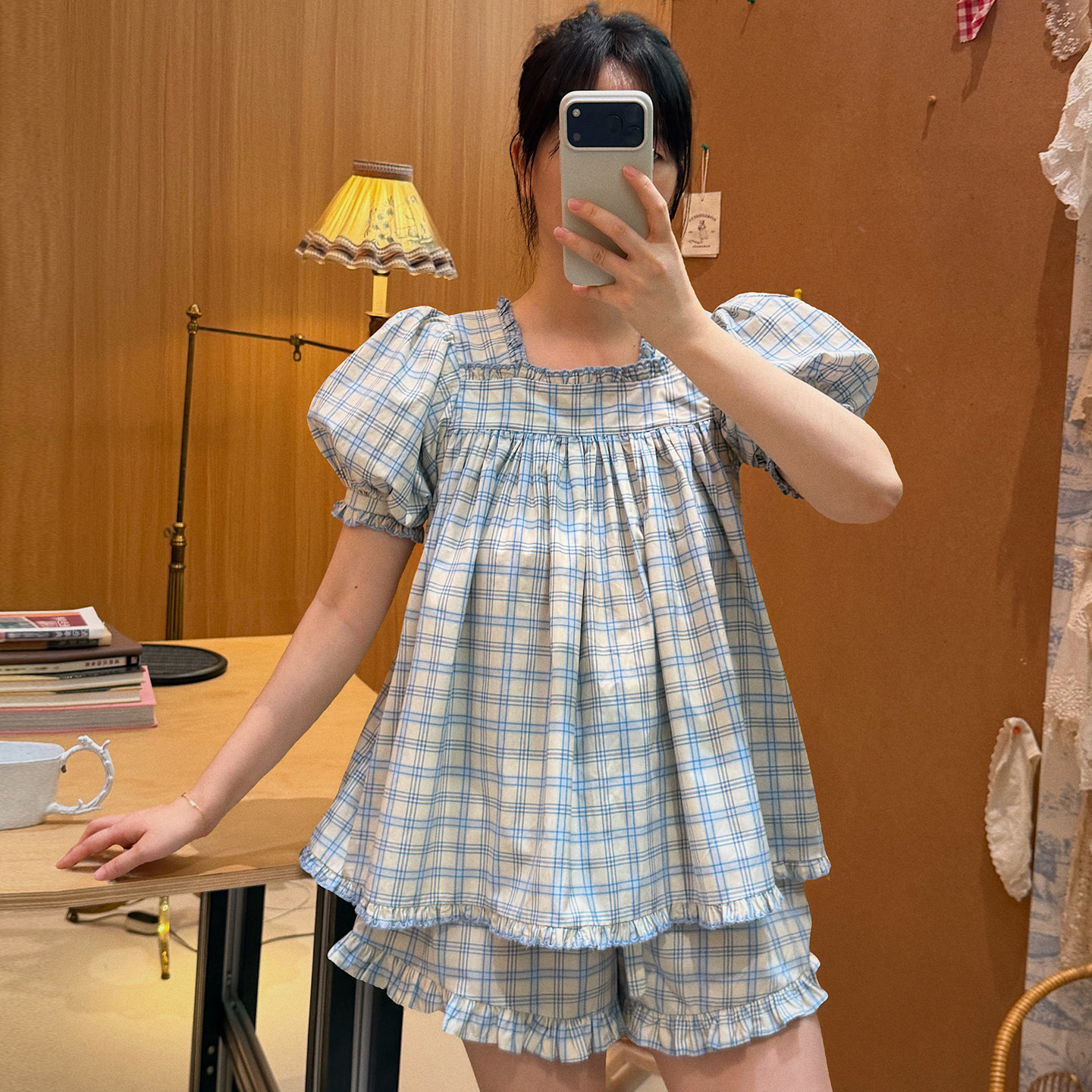 睡衣女夏季小个子宽松蓝色夏女款纯棉格子短袖短裤女士家居服套装