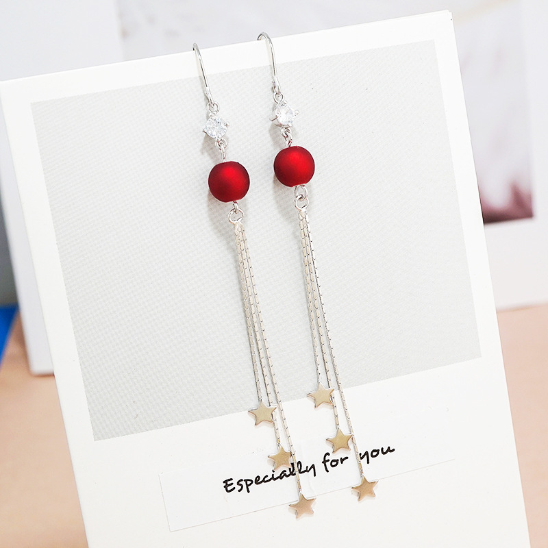 s925纯银耳线女复古红色系珍珠流苏耳环国潮风长款流苏星星耳饰