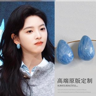 珐琅滴釉蓝色水滴耳环女轻奢高级感百搭耳钉小众设计气质耳饰 法式