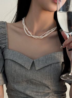 法式复古多层珍珠项链女轻奢温婉气质锁骨链精致百搭新款纯银颈链