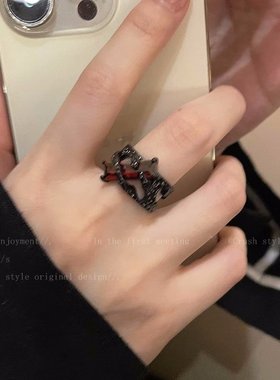 暗夜守护~黑色几何戒指女夏ins小众设计感高级食指戒个性朋克指环