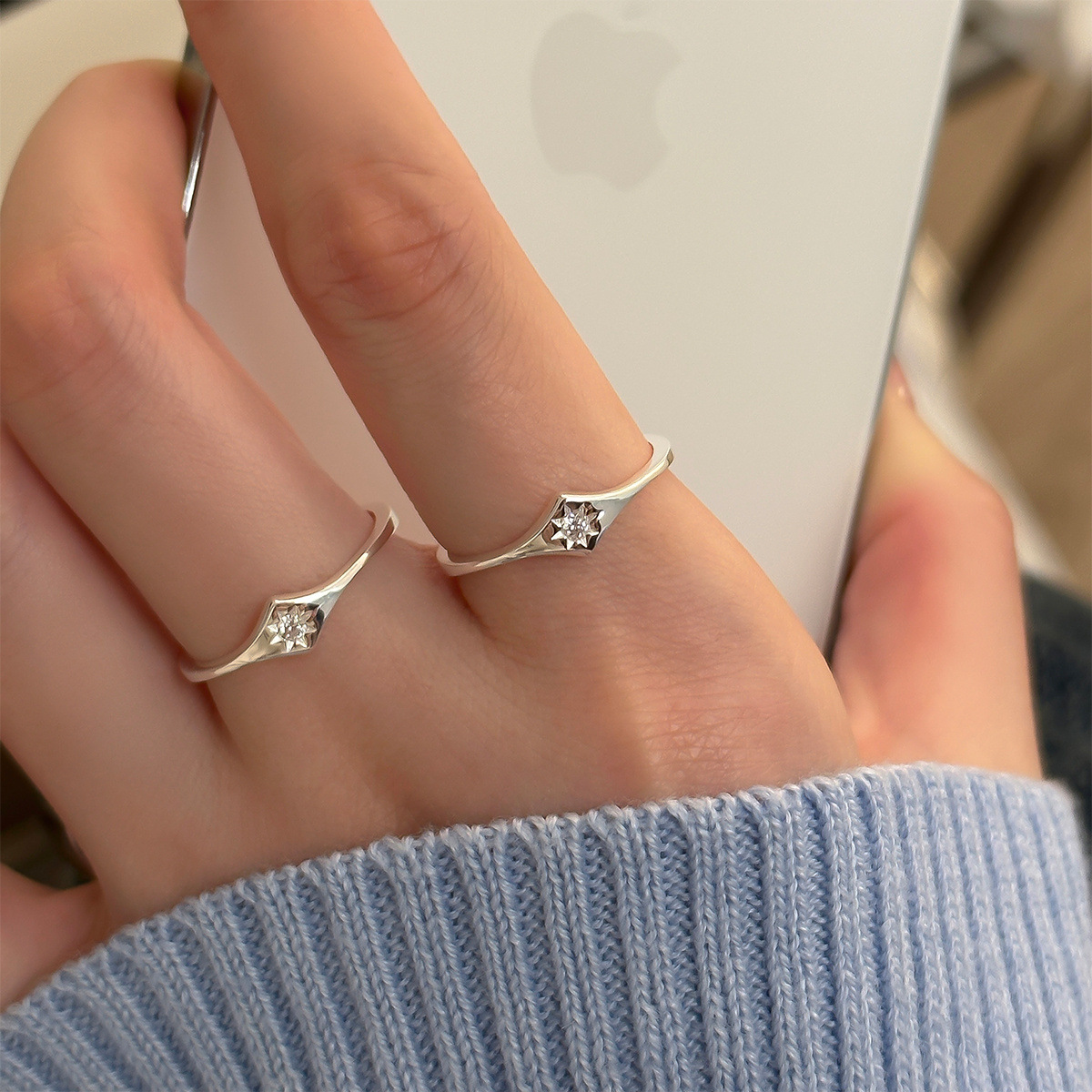 S925纯银八芒星戒指女轻奢简约素食指戒精致时尚锆石指环新款小众