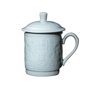 景德镇青瓷茶杯办公杯个人泡茶杯大容量龙纹陶瓷水杯泡茶带盖杯子