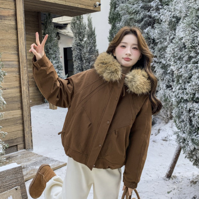 2025冬季韩式可拆卸毛领连帽短款羽绒服女加厚保暖派克服冬季外套