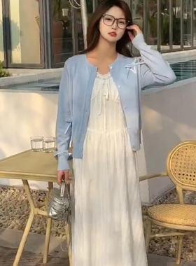 温柔风套装女春季甜美蝴蝶结针织开衫白色吊带连衣裙两件套