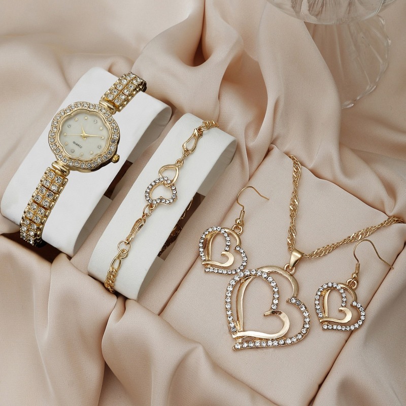 2025新款韩版优雅镶钻花边圆形钻带合金石英手表项链耳环戒指套装