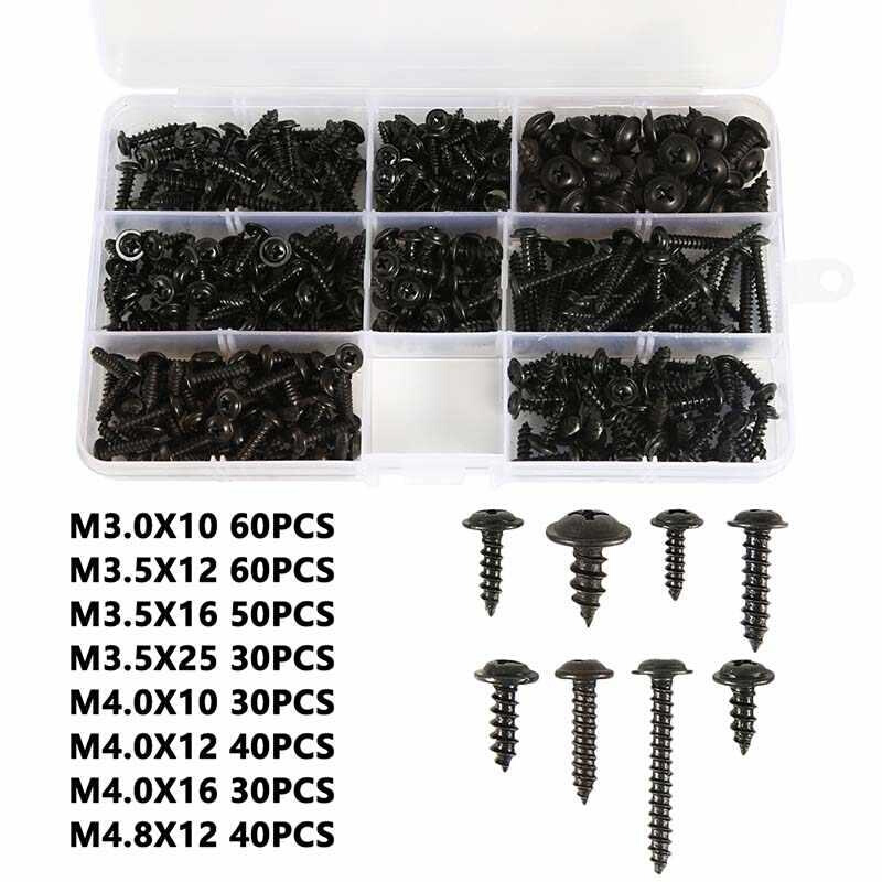 340pcs黑色碳钢PWA十字自攻螺丝M3/M4/M3.5/M4.8圆头带垫螺钉.