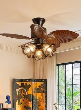 美式复古卧室风扇灯南洋风房间一灯casa体吸顶吊扇灯智能中古餐厅