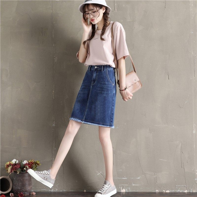 牛仔半身裙女夏2019新款毛边ins中长款伞裙韩版高腰修身显瘦a字裙在类目 女装/女士精品, 半身裙中 - 来自Buy2taobao.com提供专业的淘宝代购服务