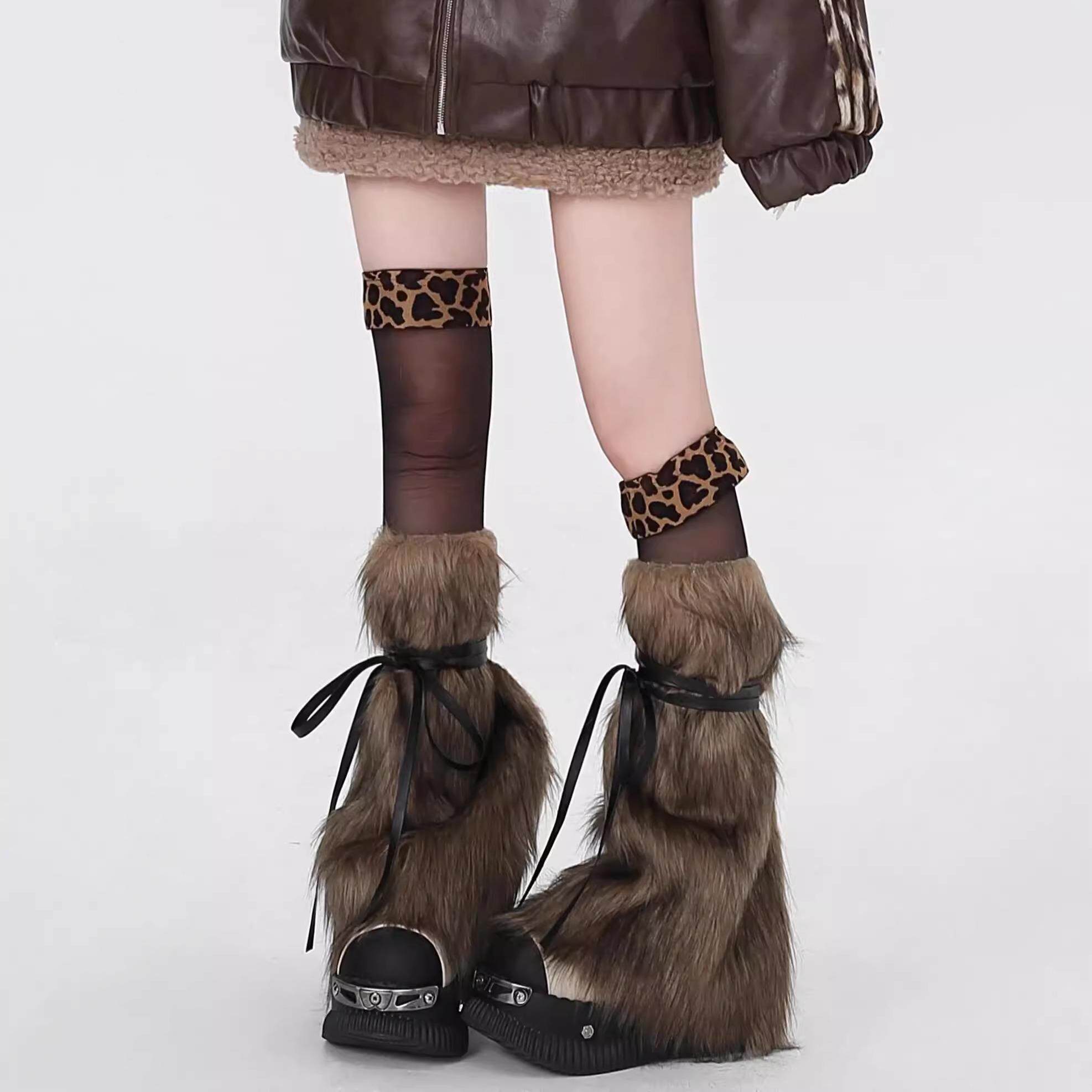 驼色毛毛腿套y2k辣妹腿套灰色绑带秋冬保暖小腿堆堆袜套雪地靴套