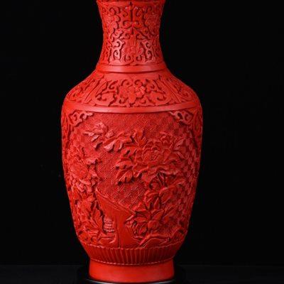 包邮中国扬州12寸漆器剔红雕漆花瓶博古架装饰品特色脱胎摆件礼品