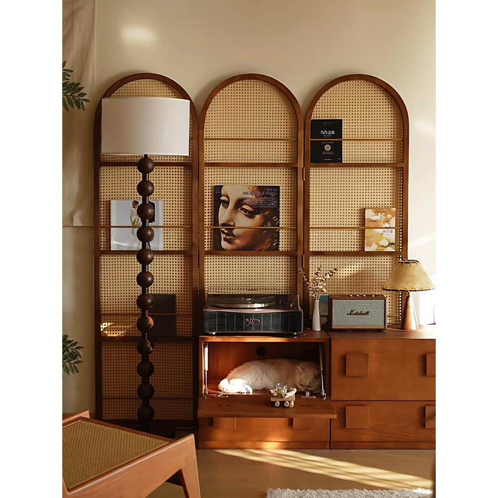 复中古藤编屏风隔断客厅折叠移动法式卧室玄关入户正对门置物书架