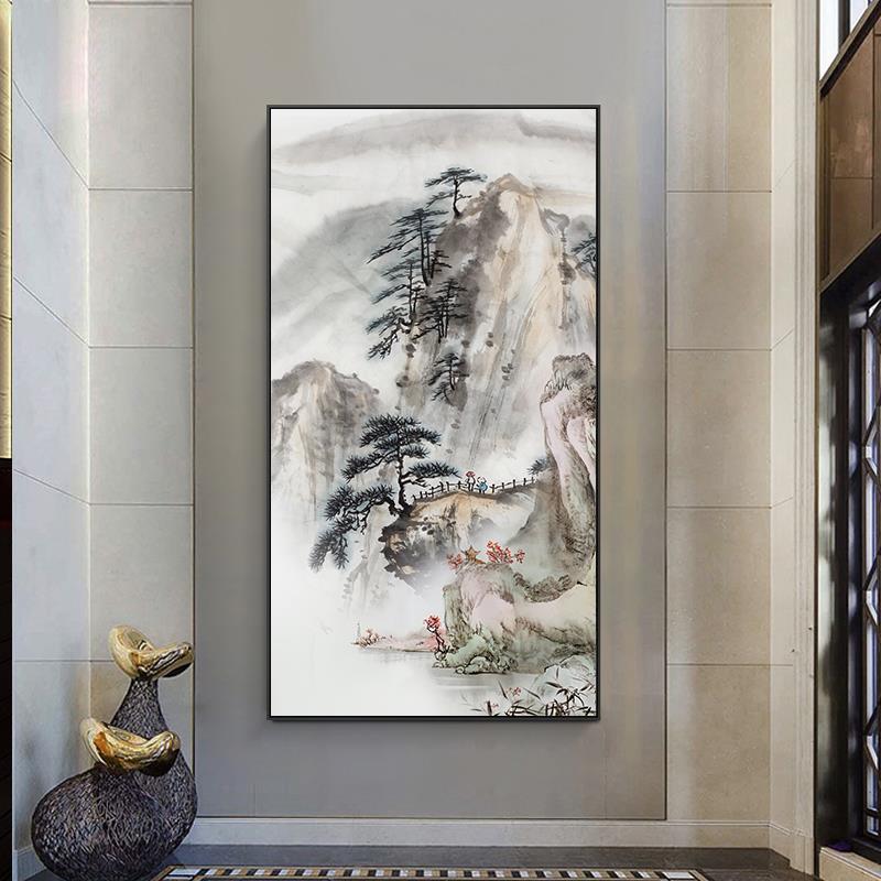 入户玄关装饰画新中式竖版国画荷花过道装饰壁画走廊尽头客厅挂画