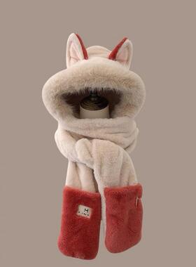 新款帽子围巾手套一体秋冬季2024毛绒帽子可爱火狐狸三件套学生女