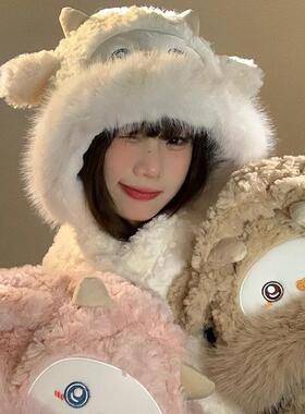 2024冬季新款可爱小绵羊毛绒帽女帽子保暖甜美围巾一体雷锋帽爆款