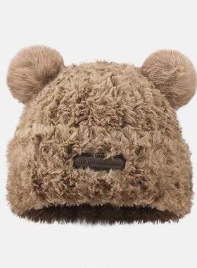 2024韩系可爱小熊毛绒帽子女秋冬季百搭保暖护耳毛线帽子大头围款