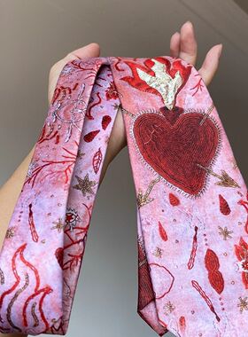 vintager古着风【心脏】火焰红刺绣爱心粉色领带女挂脖配饰丝巾